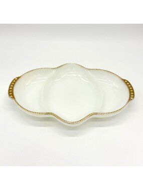 Vintage Anchor Hocking Fire-King Milk Glass Divided Relish Tray With 22K Gold Be